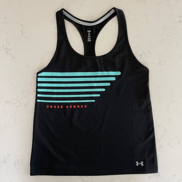Under Armour Athletic RB Loose Heat Gear Ribbed Running Top Black Blue Org Sz XS - Picture 5 of 9